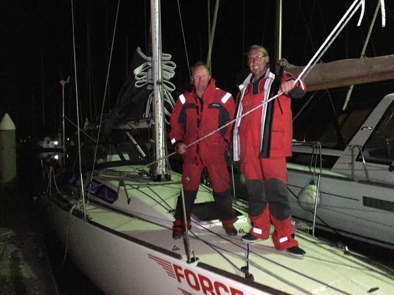 Tristan Gourlay (right) and Jamie Cooper arrive Melbourne on Force Eleven - Sundance Marine Melbourne Osaka Double Handed Yacht Race 2018 photo copyright Ian MacWilliams taken at Sandringham Yacht Club and featuring the IRC class