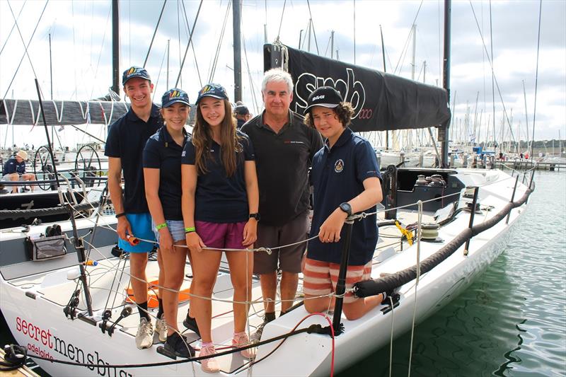 (Left to right) - Elliot Hughes, Evie McDonald, Milli McDonald, Geoff Boettcher (owner/skipper of Secret Mens Business) and Cooper Field photo copyright Sarah Pettiford taken at Royal Geelong Yacht Club and featuring the IRC class