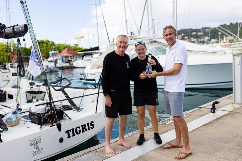 RORC's Chris Jackson presents Gavin and Maggie with the IRC Two-Handed winners trophy - photo © Arthur Daniel / RORC