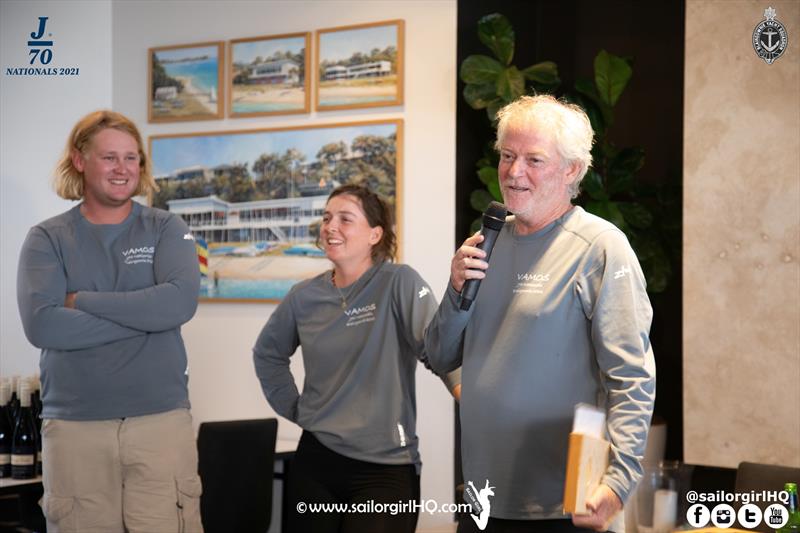 Tim Ryan thanking his crew and the BYS during the 2021 J70 Australian Championships prize giving photo copyright Nic Douglass / www.AdventuresofaSailorGirl.com taken at Blairgowrie Yacht Squadron and featuring the J70 class