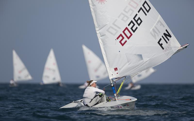 Tuula Tenkanen on day 2 of the Laser Radial Women's Worlds in Oman photo copyright Mark Lloyd taken at Oman Sail and featuring the ILCA 6 class