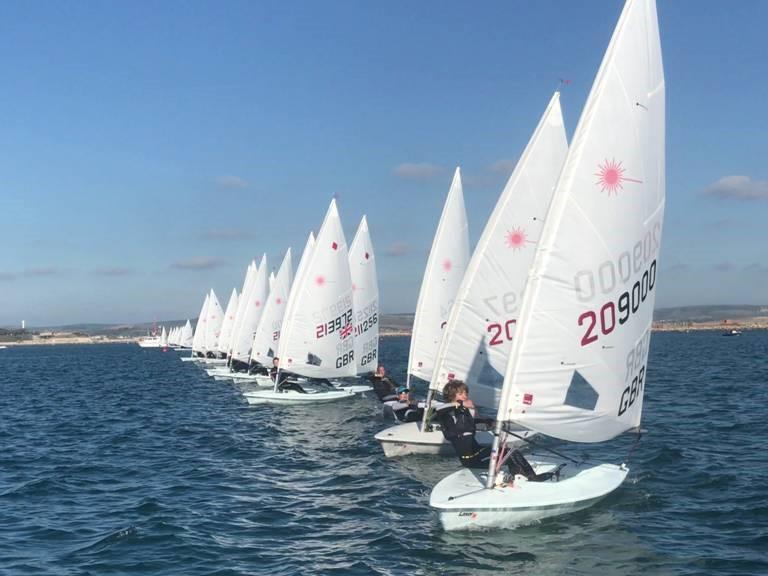 One of the Radial starts during the Noble Marine Laser Autumn Qualifier at the WPNSA in 2018 photo copyright Ian Bullock taken at Weymouth & Portland Sailing Academy and featuring the ILCA 6 class
