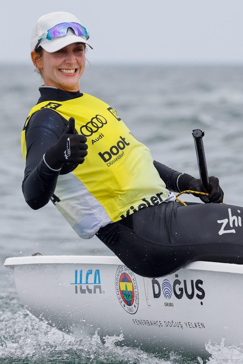 She started and she finished wearing the yellow leaders bib: Nazli Donertas (TUR) in the ILCA 6 photo copyright Kiel Week / ChristianBeeck.de taken at Kieler Yacht Club and featuring the ILCA 6 class