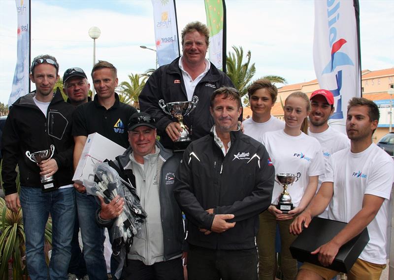 Overall winners of the 2015 Hyères SB20 Grand Slam 'Xcellent' (centre), 2nd overall 'BCG Sailing Team' (left), 3rd overall and 1st Youth team ‘Give Me 5 By FFV France Jeune' (right) photo copyright SB20 Class taken at COYCH Hyeres and featuring the SB20 class