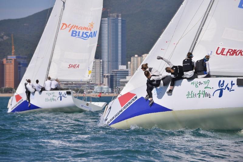 Maggie Shea, USA, leading Camilla Ulrikkeholm Klinkby, DEN, on the waters off Haeundae Beach on day 1 of the Busan Cup Women's International Match Race photo copyright STILLM45 / WIM Series taken at  and featuring the Match Racing class
