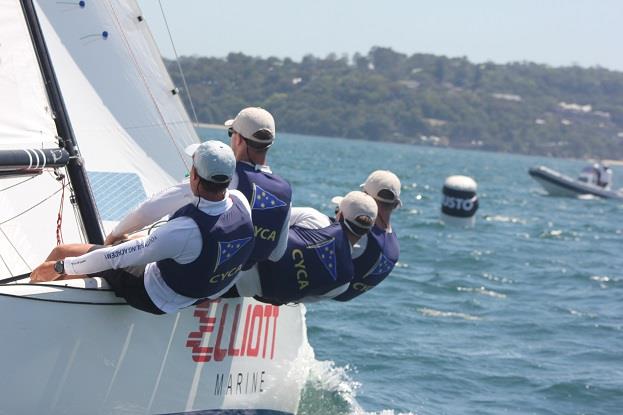 Harry Price and team off the start line on day 1 of the Musto International Youth Match Racing Championship photo copyright Andrea Francolini taken at Cruising Yacht Club of Australia and featuring the Match Racing class