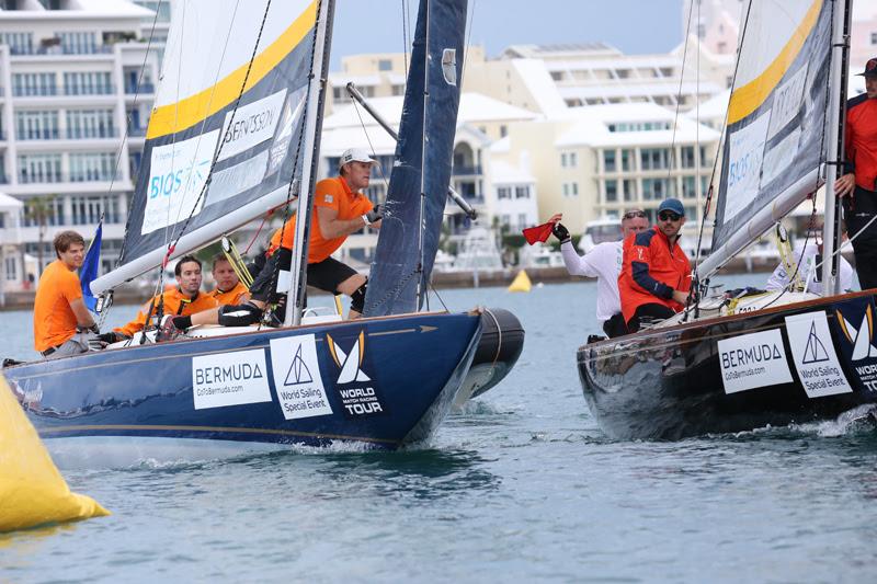 The Berntsson Racing Team (left) earned a red flag penalty versus Chris Poole's Riptide Racing for this incident at the first windward mark of their Flight 1 match, won by Poole on day 1 at the 70th Bermuda Gold Cup and 2020 Open Match Racing Worlds photo copyright Charles Anderson taken at Royal Bermuda Yacht Club and featuring the Match Racing class