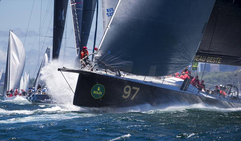 The dark horse Beau Geste in full flight during the Rolex Sydney Hobart Yacht Race start photo copyright Carlo Borlenghi / Rolex taken at Cruising Yacht Club of Australia and featuring the Maxi class