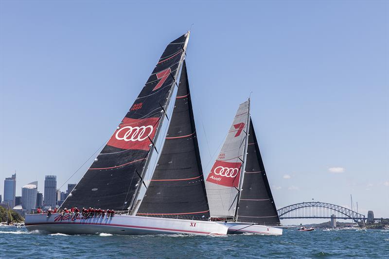 Wild Oats XI in the foreground and the R/P66 little sister also heading to Hobart this year, and for her first trip at that, Wild Oats X during the SOLAS Big Boat Challenge photo copyright Andrea Francolini taken at Cruising Yacht Club of Australia and featuring the Maxi class