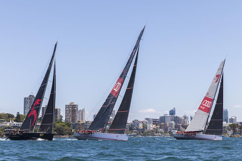 Beau Geste, WOXI and Wild Oats X all head to windward on a stunning day for the SOLAS Big Boat Challenge photo copyright Andrea Francolini taken at Cruising Yacht Club of Australia and featuring the Maxi class