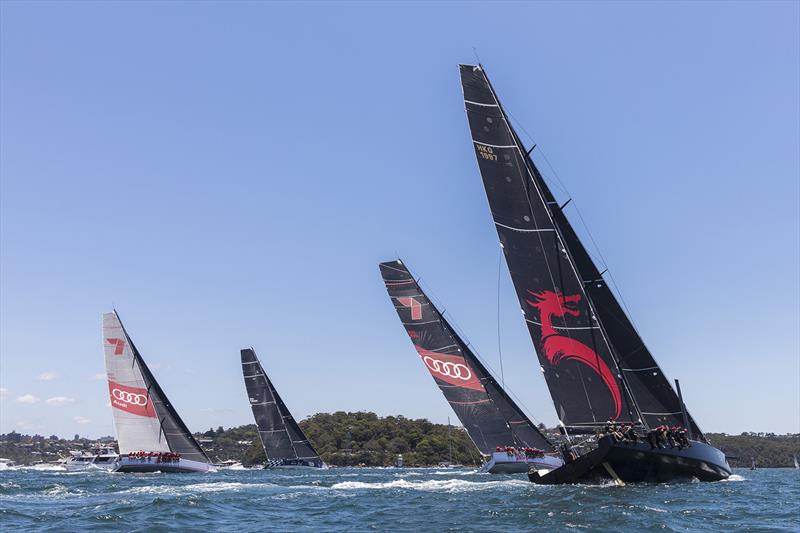 Just four vessels this year (l-r) Wild Oats X, Black Jack, Wild Oats XI and Beau Geste during the SOLAS Big Boat Challenge photo copyright Andrea Francolini taken at Cruising Yacht Club of Australia and featuring the Maxi class