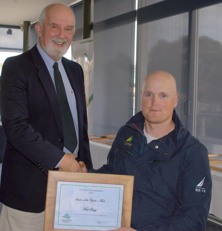 Tasmanian male sailor of the year, Paralympian Matt Bugg, and his father, Yachting Tasmanian president Ron Bugg photo copyright Peter Campbell taken at Bellerive Yacht Club