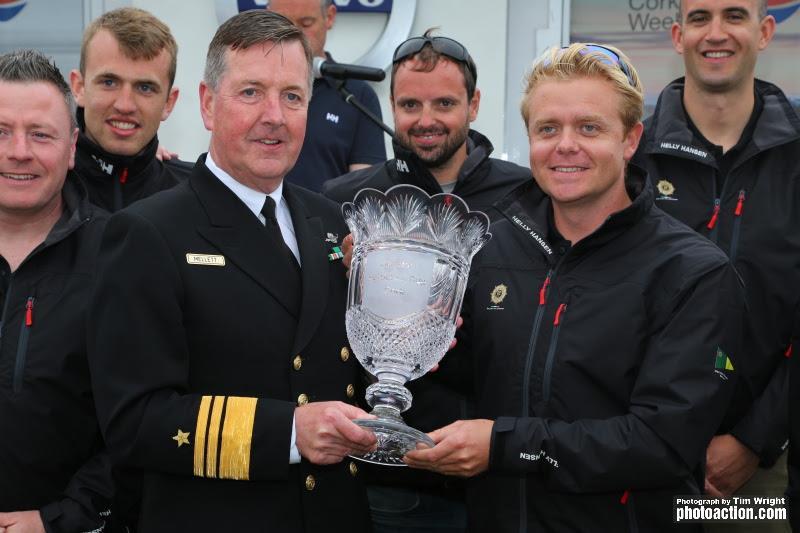 Cmdt. Barry Byrne receiving The Beaufort Cup at Volvo Cork Week 2016 from Vice Admiral of the Naval Services, Mark Mellett photo copyright Tim Wright / www.photoaction.com taken at Royal Cork Yacht Club