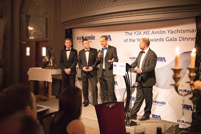 (l-r) Cliff Webb, Keith Lovett, Mark Jardine & Conrad Humphreys speak during the YJA MS Amlin Awards Gala Dinner photo copyright Sally Golden taken at 
