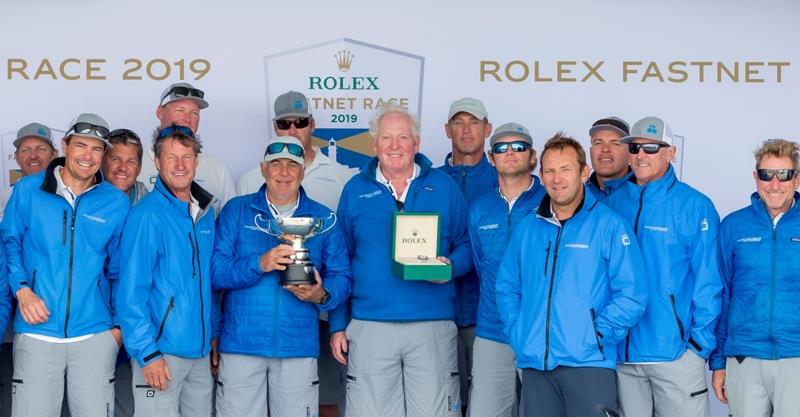 George David with the crew of Rambler following their monohull Line Honours success at the 2019 Rolex Fastnet Race photo copyright Rolex / Stefano Gattin taken at Royal Ocean Racing Club
