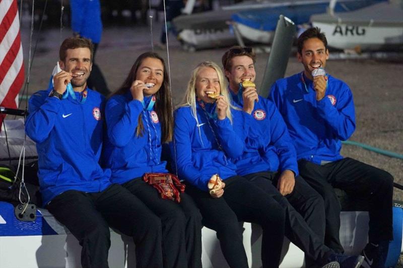 Pan American Games Lima 2019 Team USA Sailing Medalists (right to left): Charlie Buckingham, Charlotte Rose, Anna Weis, Riley Gibbs, Pedro Pascual photo copyright US Sailing taken at 