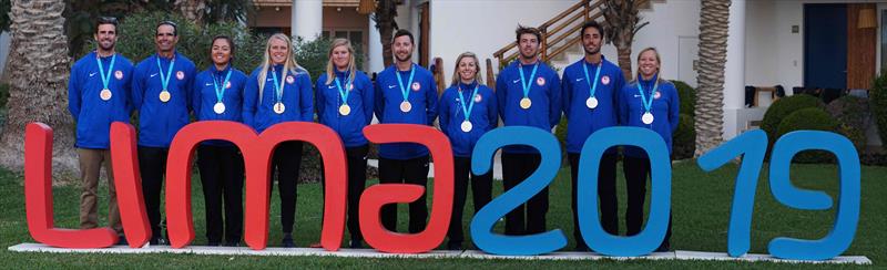 Pan American Games Lima 2019 Team USA Sailing Medalists (right to left): Charlie Buckingham, Ernesto Rodriguez, Charlotte Rose, Anna Weis, Hallie Schiffman, Stephanie Roble, Riley Gibbs, Pedro Pascual, Maggie Shea photo copyright US Sailing taken at 