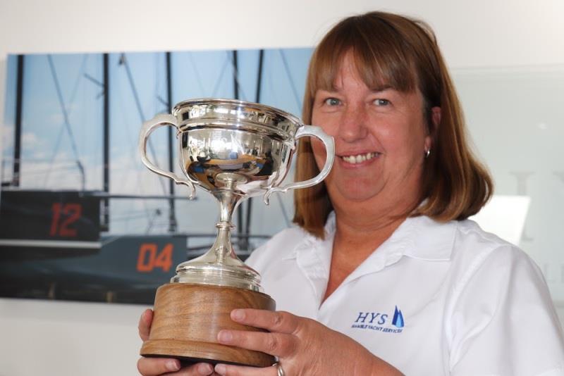 Kay Hymers of HYS proudly displays the HYS Cup photo copyright Louay Habib / FAST40 Class taken at 