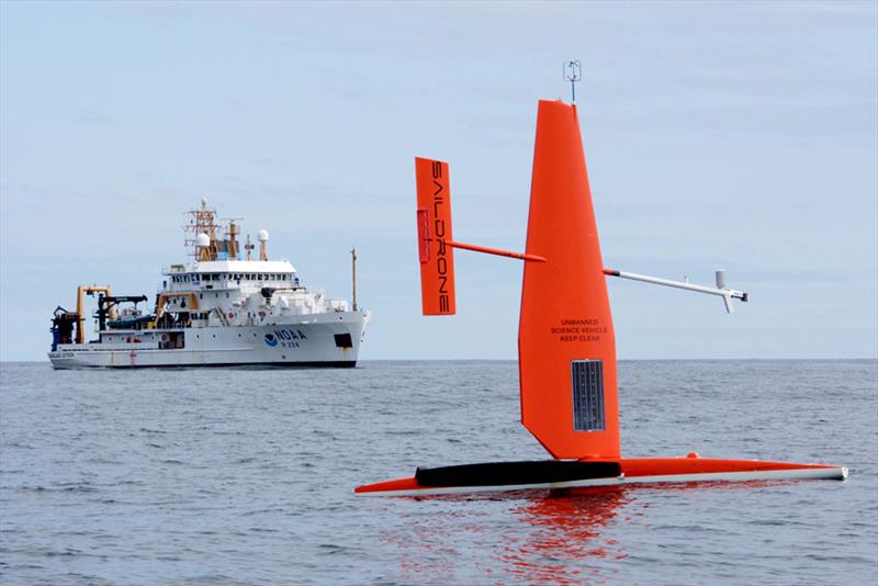 An earlier generation saildrone in the Bering Sea with the NOAA research ship Oscar Dyson photo copyright NOAA Fisheries taken at 