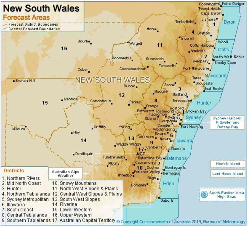 New South Wales forecast area map photo copyright Commonwealth of Australia 2019, Bureau of Meteorology taken at 