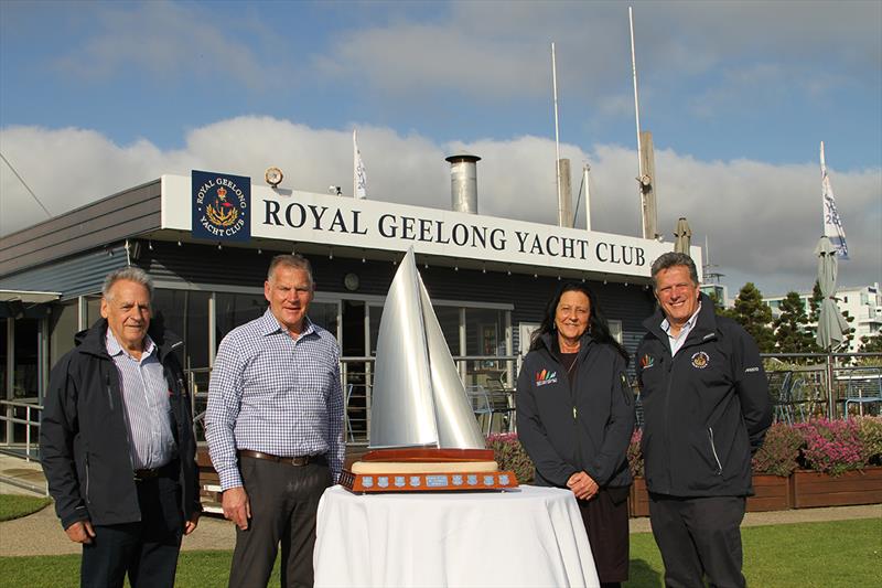 Festival of Sails Chairman, Paul Buchholz; City of Greater Geelong Mayor, Peter Murrihy; Member for Geelong, Christine Couzens MP and Royal Geelong Yacht Club Commodore, Roger Bennett with the Perpetual Festival of Sails Passage Race Trophy photo copyright Leigh McClusky taken at Royal Geelong Yacht Club