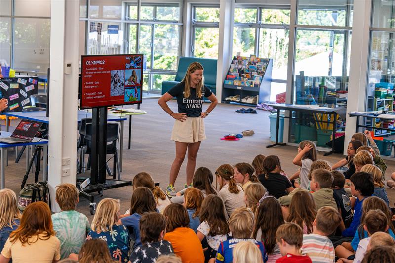 Hannah Mills speaking at a local school in Christchurch ahead of racing  photo copyright C. Gregory taken at 
