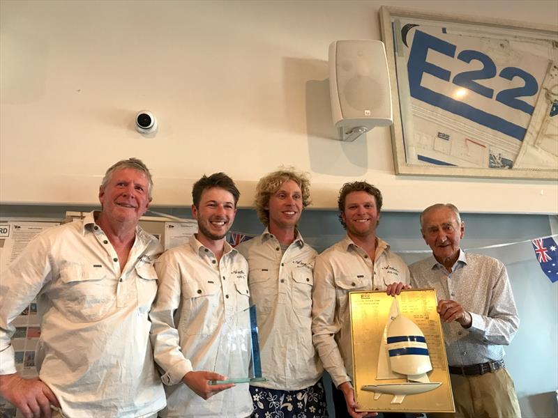 Team Ireland Girl – Nigel Abbott, James McLennan, Jack Felsenthal and Jack Abbott (helm), with Geoff Henke and the perpetual trophy for the International Etchells class Victorian Championship photo copyright Jeanette Severs taken at Metung Yacht Club