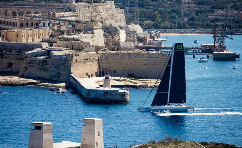 Phaedo3 sets off in the Rolex Middle Sea Race 2016 photo copyright Rachel Fallon Langdon / Team Phaedo taken at Royal Malta Yacht Club and featuring the MOD70 class