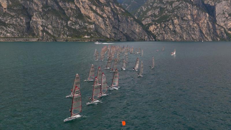 ACO Musto Skiff Worlds at Lake Garda day 1 photo copyright Fleye Aerial Film and Photography taken at Fraglia Vela Riva and featuring the Musto Skiff class