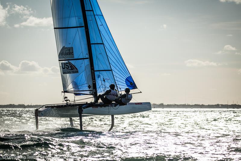US Sailing/Will Ricketson photo copyright Bora Gulari and Helena Scutt train ahead of the 2018 World Cup Series Miami taken at  and featuring the Nacra 17 class
