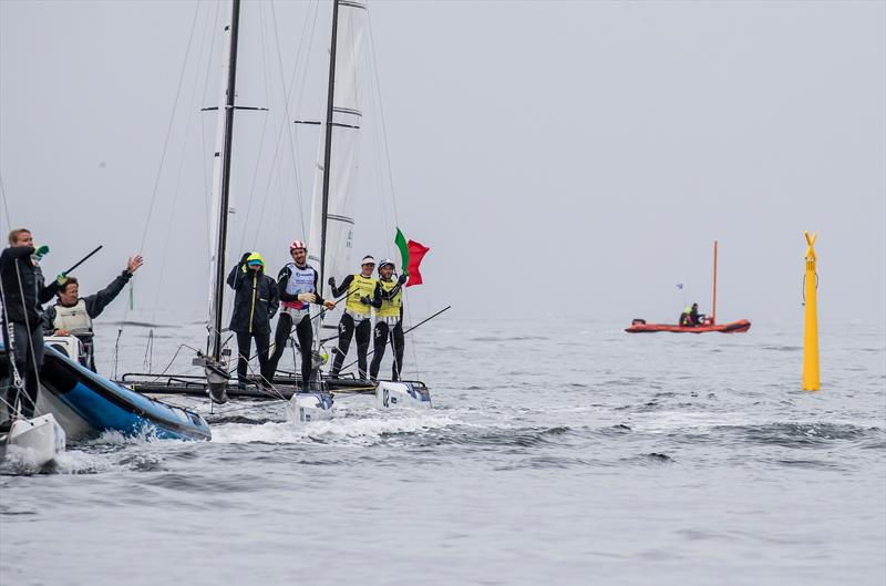 The Nacra Medal Race comes to a wet and windless end at the 2018 Hempel Sailing World Championships, Aarhus, Denmark photo copyright Sailing Energy / World Sailing taken at  and featuring the Nacra 17 class