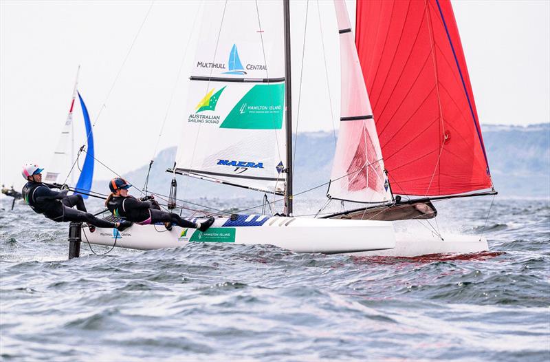 Paul Darmanin and Lucy Copeland moving on up - 2019 49er, 49erFX and Nacra 17 European Championships photo copyright Drew Malcolm taken at Weymouth & Portland Sailing Academy and featuring the Nacra 17 class