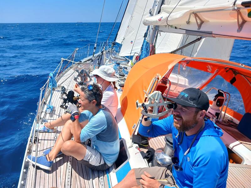 All the crews are taking the slow days as the perfect opportunity to learn celestial navigation. Fergus provides the lessons here onboard Sterna photo copyright OGR2023 / Sterna taken at  and featuring the Ocean Globe Race class