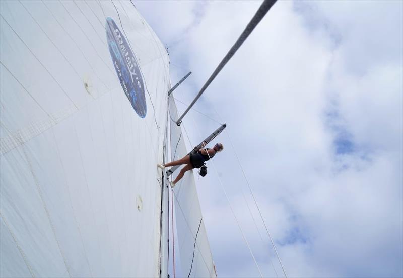 First Mate Rachel on Maiden climbing the mast to look for some wind - photo © OGR2023 / Maiden