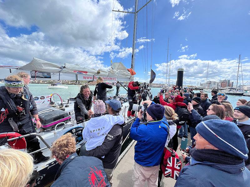 Ecstatic Maiden fans gather in sunny Cowes to welcome the UK entrant home on the completion of her final circumnavigation after 218 days racing around the world - photo © Don McIntyre / OGR2023