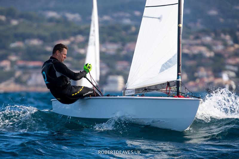 Stefan de Vries on day 2 of the OK Dinghy Europeans in Bandol photo copyright Robert Deaves / www.robertdeaves.uk taken at Société Nautique de Bandol and featuring the OK class
