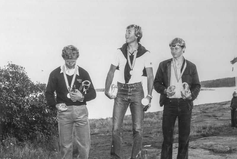 Rick Dodson on the podium after winning his first world championship in the OK dinghy in 1979 at Tonsberg, Norway photo copyright Dodson Family archives taken at Takapuna Boating Club and featuring the OK class