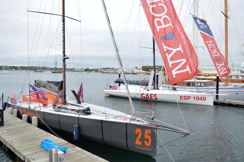 Safran and Gaes Centros Auditivos on the dock ahead of the IMOCA Ocean Masters New York to Barcelona Race photo copyright Christophe Favreau / OSM taken at  and featuring the IMOCA class
