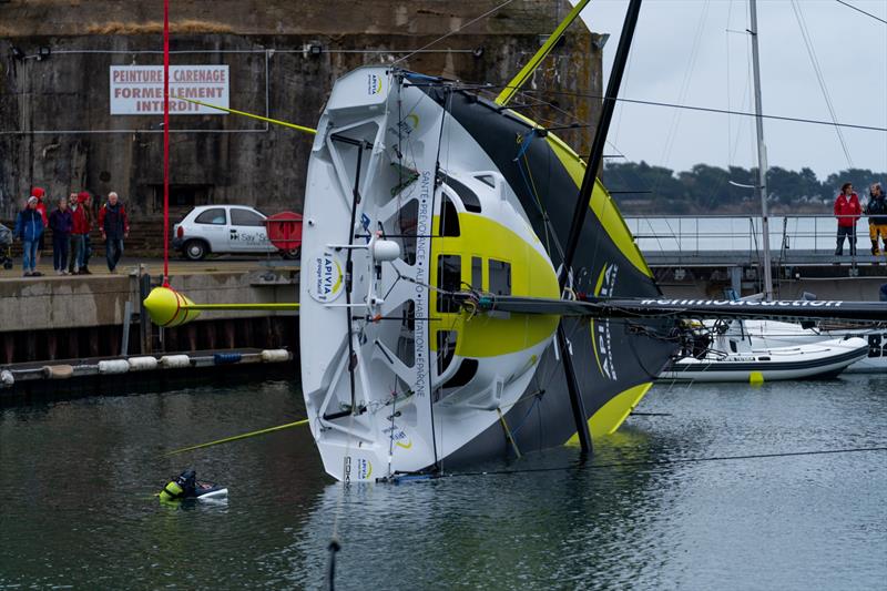 Apivia, the new IMOCA60 designed by Guillaume Verdier for Charlie Dahn (FRA) and aimed at the next Vendee Globe after her launching and fit-out at the former U-boat base in Lorient, France photo copyright Maxime Horlaville taken at  and featuring the IMOCA class