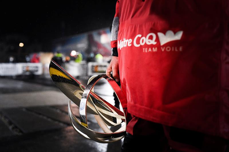 Maitre Coq, skipper Yannick Bestaven (FRA), is pictured with trophy during finish of the Vendee Globe sailing race, on January 28, 2021 photo copyright Jean-Louis Carli / Alea taken at  and featuring the IMOCA class