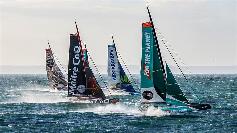 The Imoca start of the Transat Jacques Vabre escape from in Le Havre, France, on November 07, 2023 photo copyright Jean-Marie Liot taken at Yacht Club de France and featuring the IMOCA class