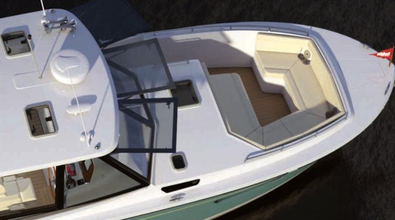 Electrically activated windshields and deep, secure seating help create a runabout feeling aboard a yacht photo copyright MJM Yachts taken at  and featuring the Power boat class