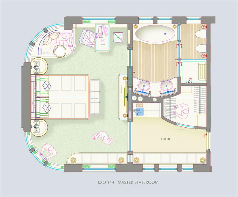 EXO 144 - stateroom plan detail photo copyright LP Design UK taken at  and featuring the Power boat class