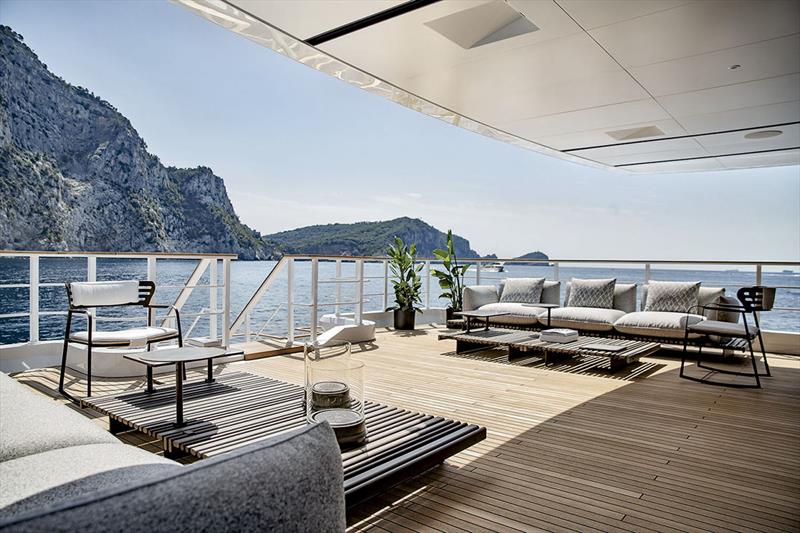 At the stern of the main deck, the open-air area chooses the modular APSARA seating system, featuring a base with wooden slats, accompanied by the eponymous GEA tables and chairs - Benetti B.Yond 37 M Yacht photo copyright Georgetti taken at  and featuring the Power boat class