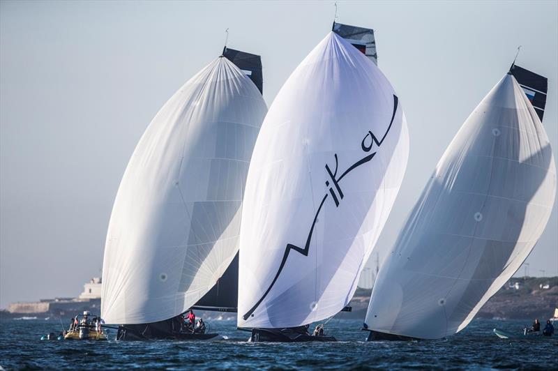 Downwind on the first day of fleet racing at the RC44 Cascais Cup - photo © Pedro Martinez / Martinez Studio
