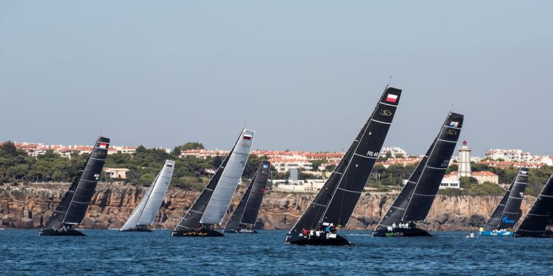 Upwind on the first day of fleet racing at the RC44 Cascais Cup - photo © Pedro Martinez / Martinez Studio
