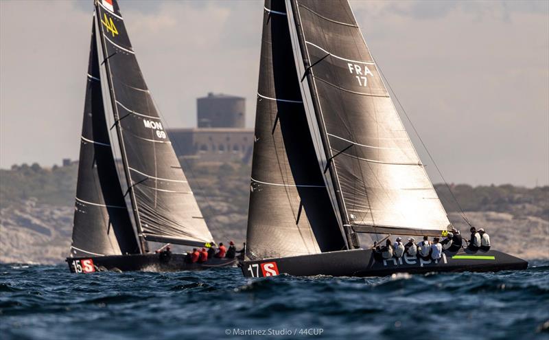 Overall winner after day 1 - Aleph Racing leads Nico Poons' Charisma up the beat - 44Cup Marstrand World Championship 2019 photo copyright Pedro Martinez / Martinez Studio taken at  and featuring the RC44 class