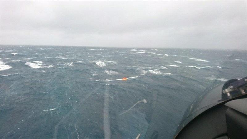 The liferaft is raked by five metre seas after the sailors yacht sank 20nm east of Cape Brett yesterday in winds gusting to 60kts photo copyright Auckland Rescue Helicopter Trust taken at  and featuring the  class