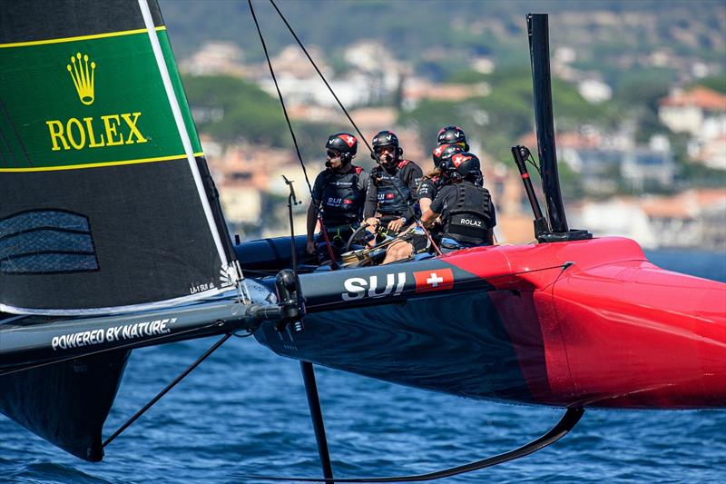 Switzerland SailGP Team helmed by Nathan Outteridge in action on Race Day 2 of the Range Rover France Sail Grand Prix in Saint Tropez, France photo copyright Ricardo Pinto for SailGP taken at  and featuring the  class