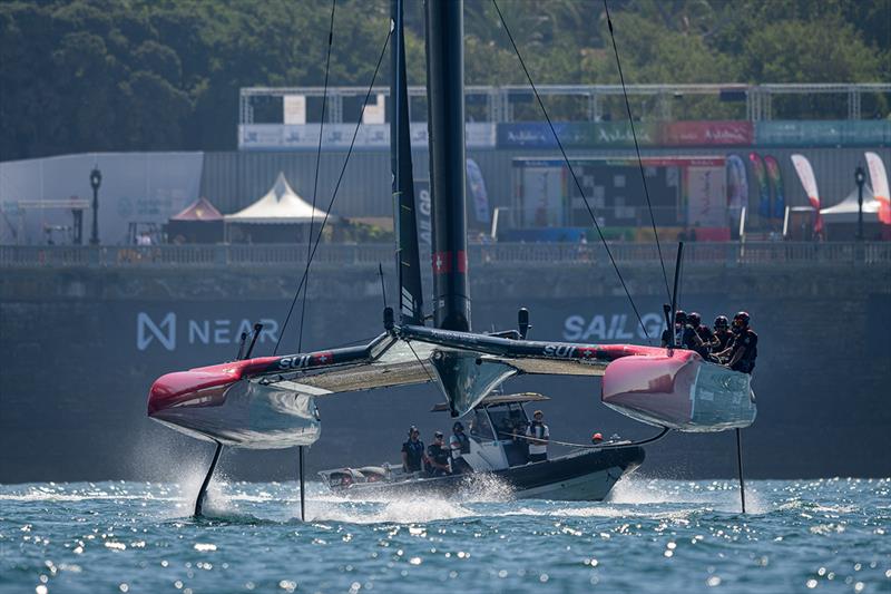 Switzerland SailGP Team helmed by Sebastien Schneiter sail away from the Race Village during a practice session ahead of the Spain Sail Grand Prix in Cadiz, Andalusia, Spain photo copyright Ricardo Pinto for SailGP taken at  and featuring the  class